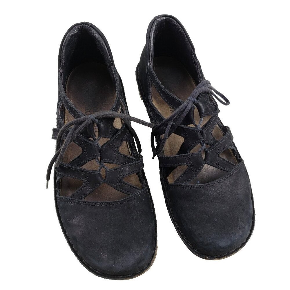 Naot Calathea Lace Up Sandal Womens 5.5 EU 36 Black Suede Crisscross Wedge Shoe